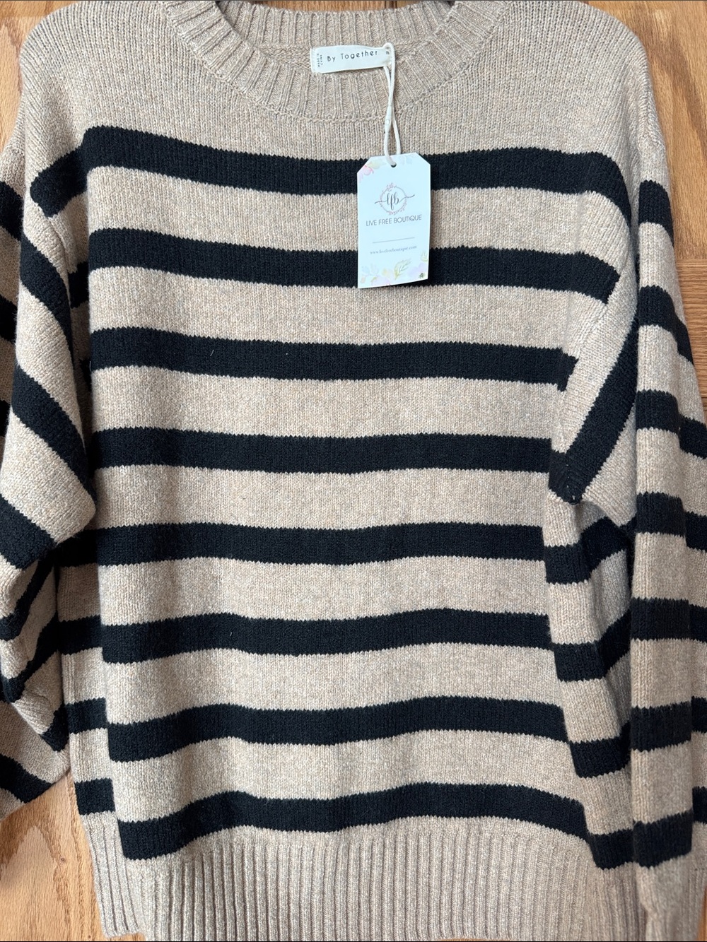 By Together Black & Beige Striped crew neck Sweater Med NEW
